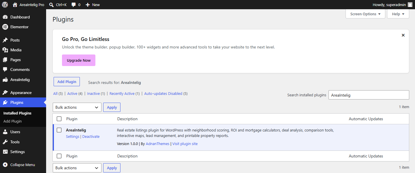AreaIntelig listed as active on the Plugins screen