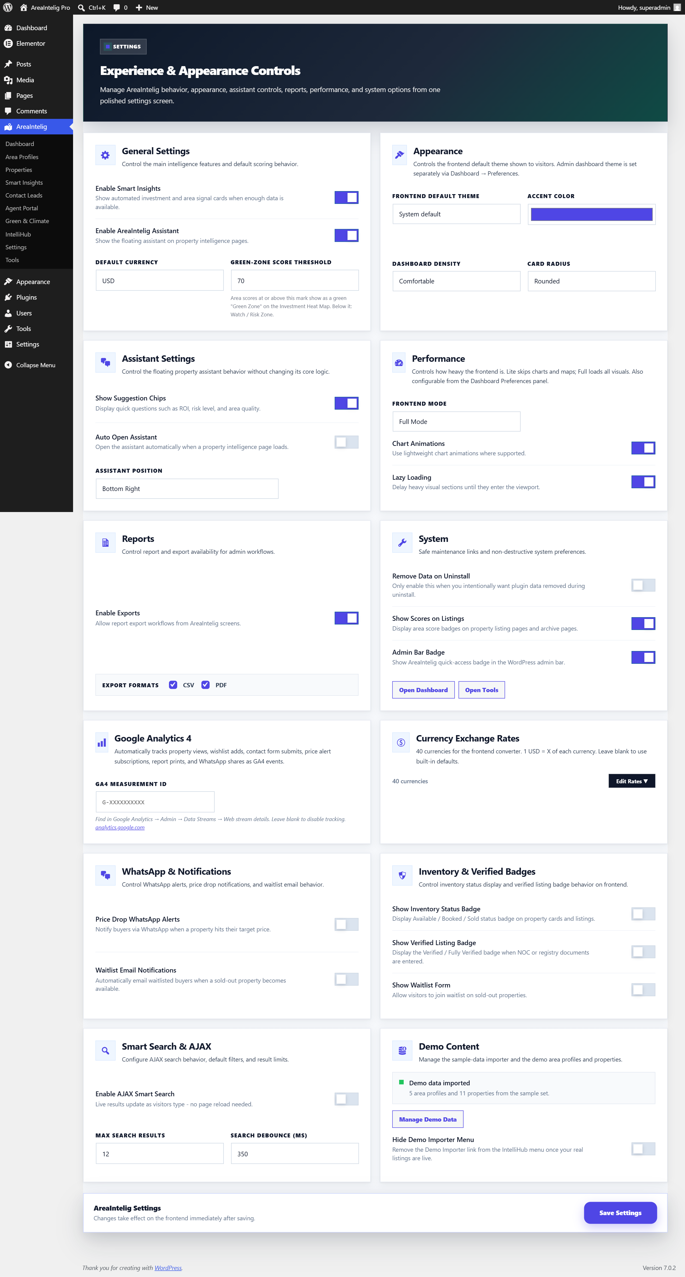 The AreaIntelig settings screen