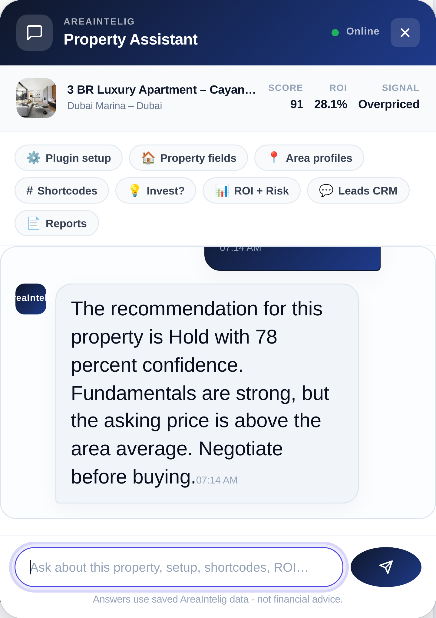 The AreaIntelig Property Assistant answering a question about a listing