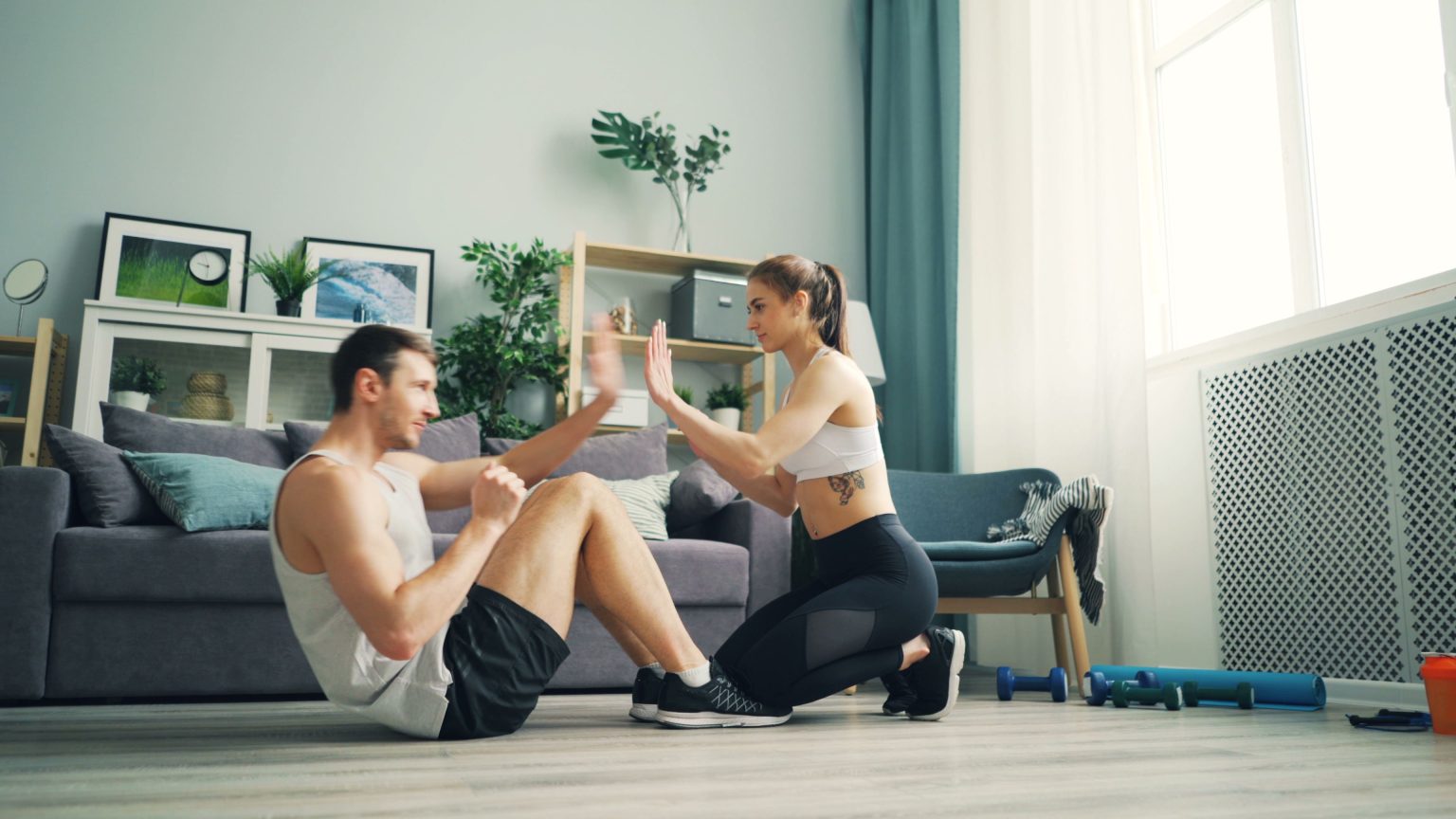 Client building fitness progress with home training