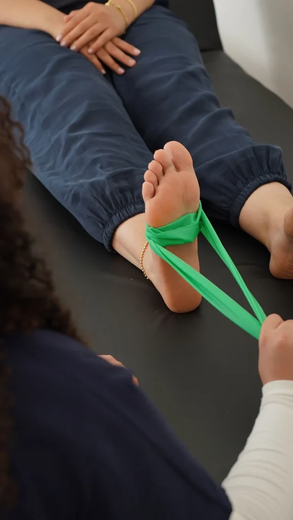 Sports rehabilitation therapist supporting an athlete during assessment and treatment