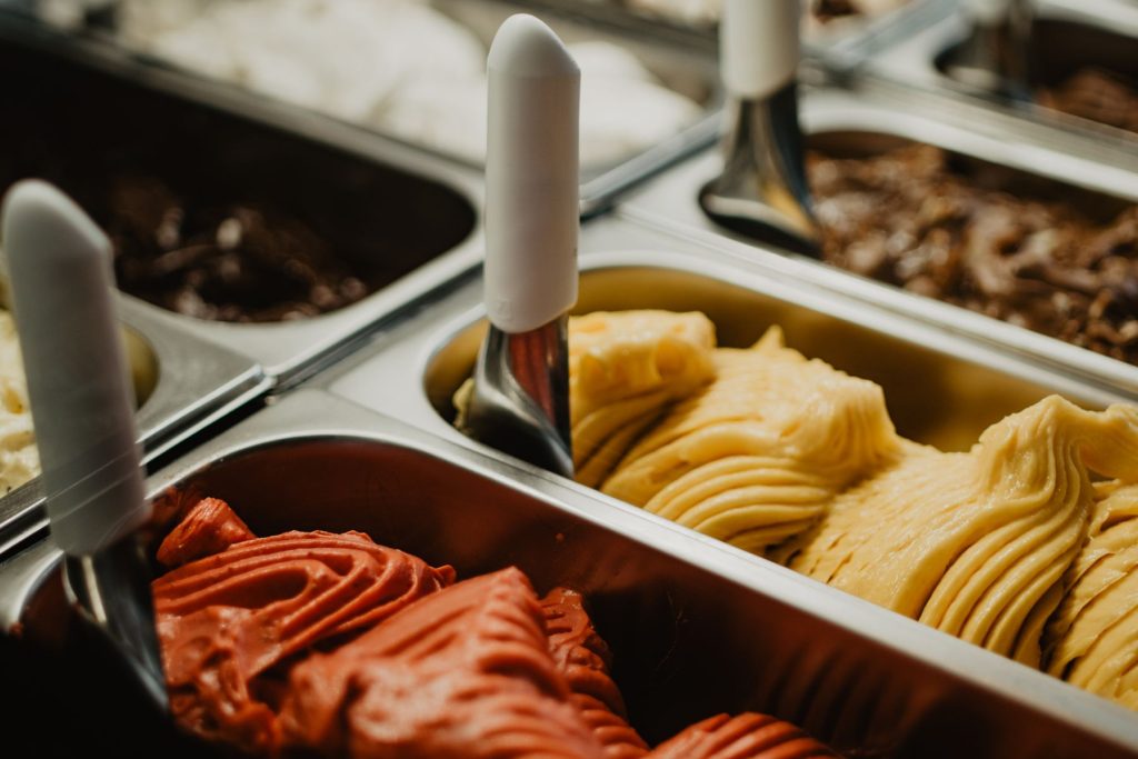 Gelato trays in an ice cream shop