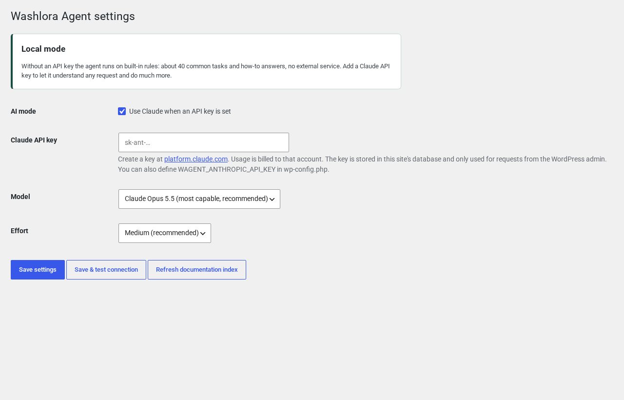 Washlora Agent settings