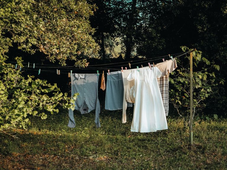 Clothes hanging on a line amidst nature in Provence-Alpes-Côte d'Azur, France.