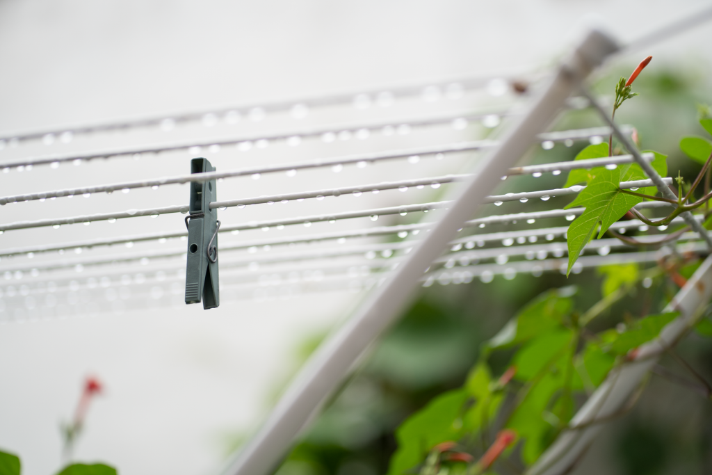 A lone clothespin on a clothesline with raindrops and plants
