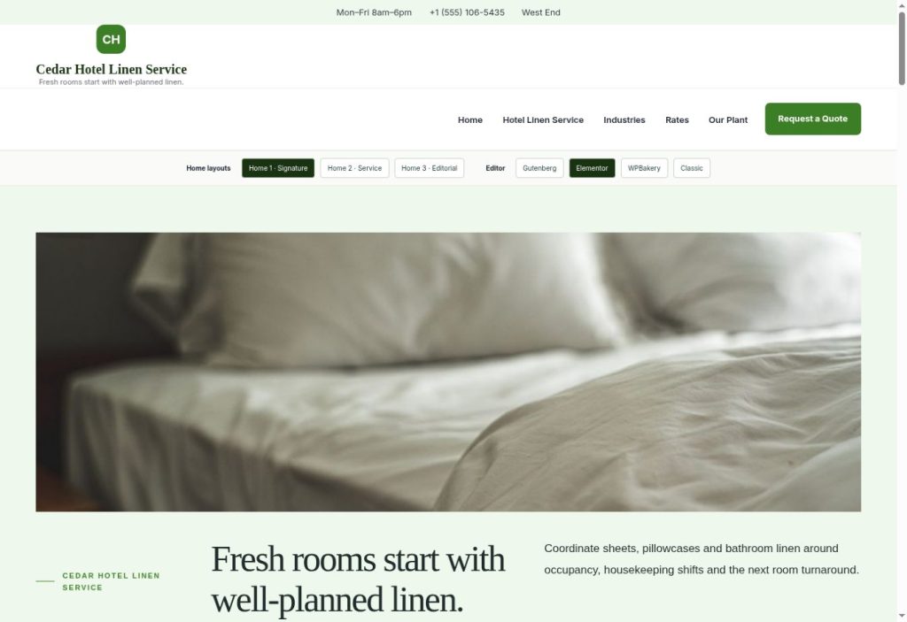 Actual hotel-linen demo homepage preview