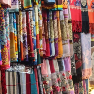 Vibrant assortment of colorful silk shawls