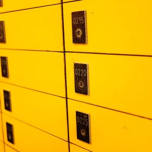 Yellow numbered lockers in a row
