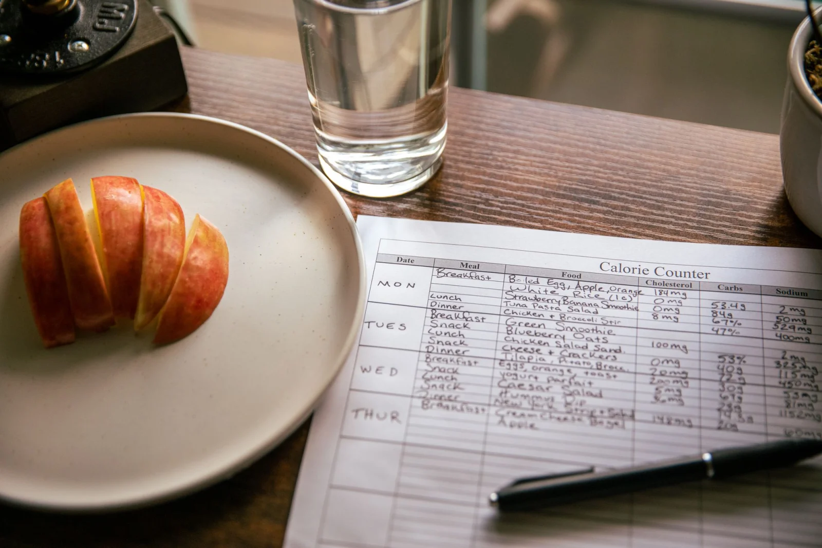 Apple slices beside a calorie-counting form and water