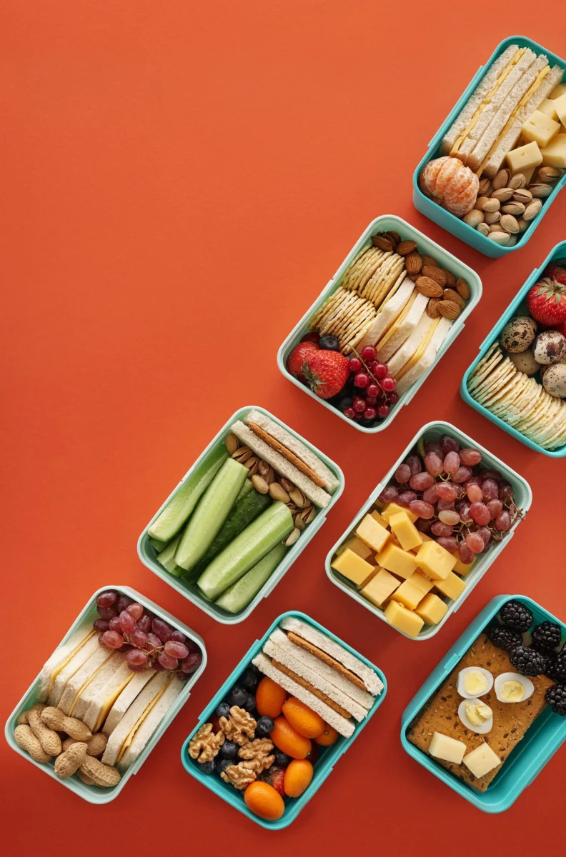 Healthy lunch boxes with fruit and nuts
