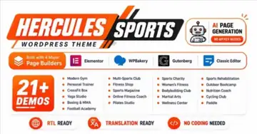 Hercules Sports WordPress Theme with AI page generation and four page builders